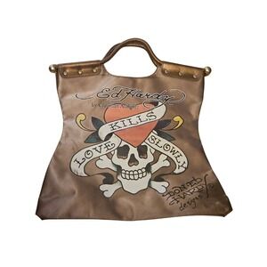 Ed Hardy Love Kills Slowly Bronze Satin Tote Bag Christian Audigier Vintage Y2K